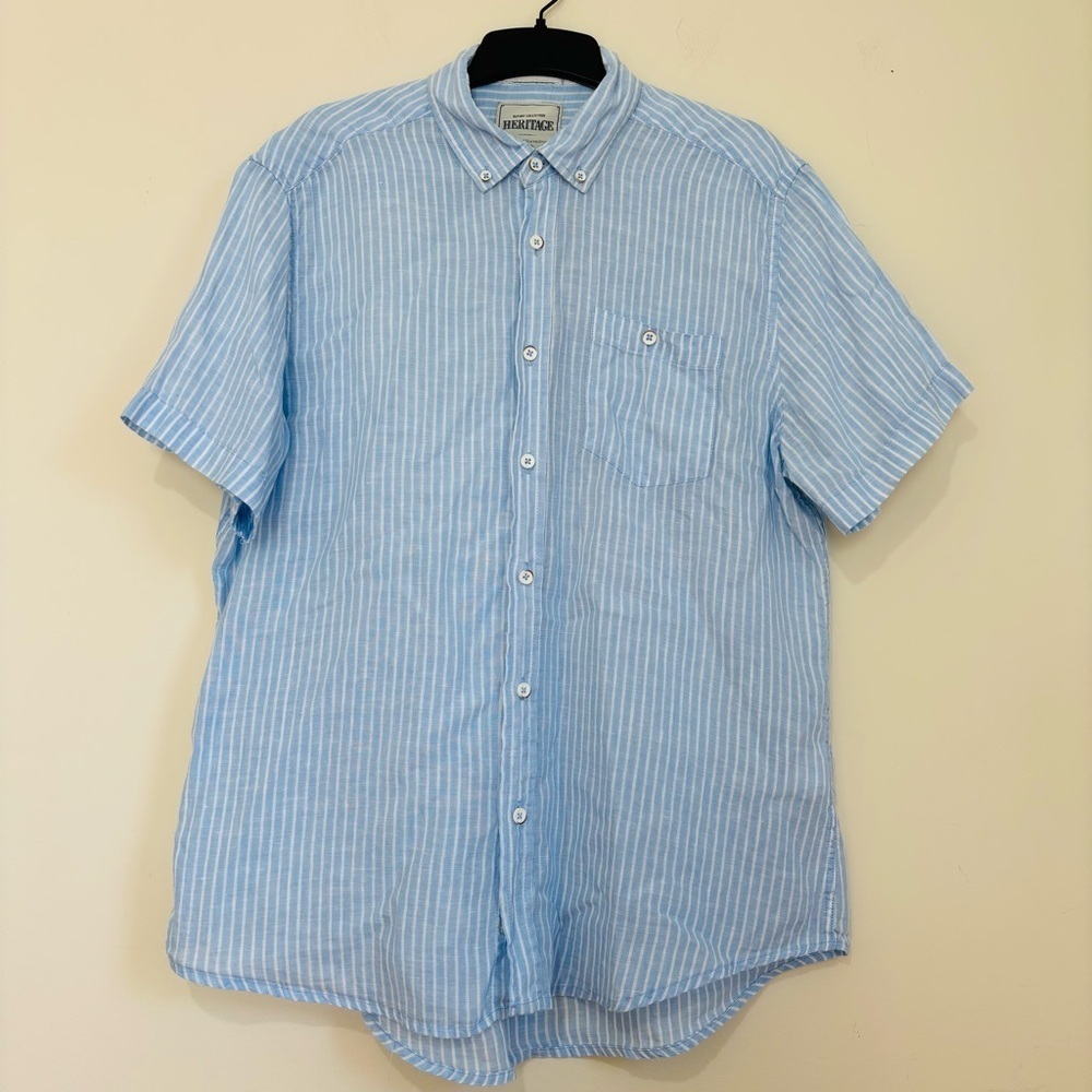 Report Collection Linen Blue White Striped Button Up Heritage Short Sleeve Shirt